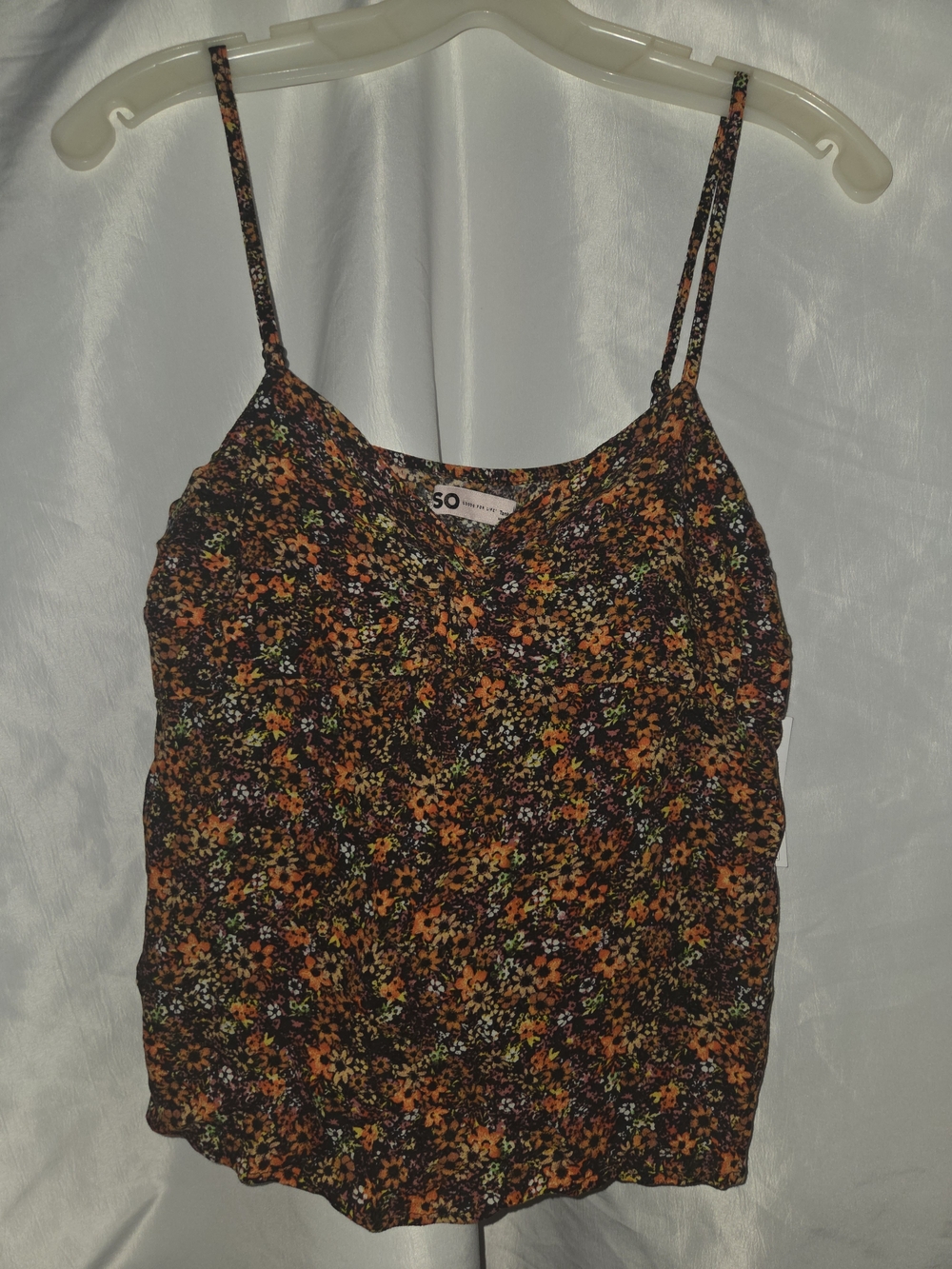 SO Black Floral Spaghetti Strap Cami with Orange Accents